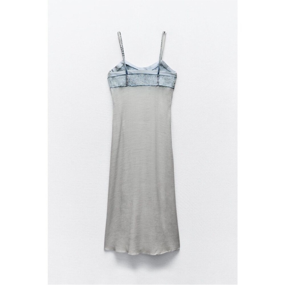 ZARA Blue Denim Contrasting Midi Dress Semi Sheer Slit Cover Up Size Large - Picture 9 of 9